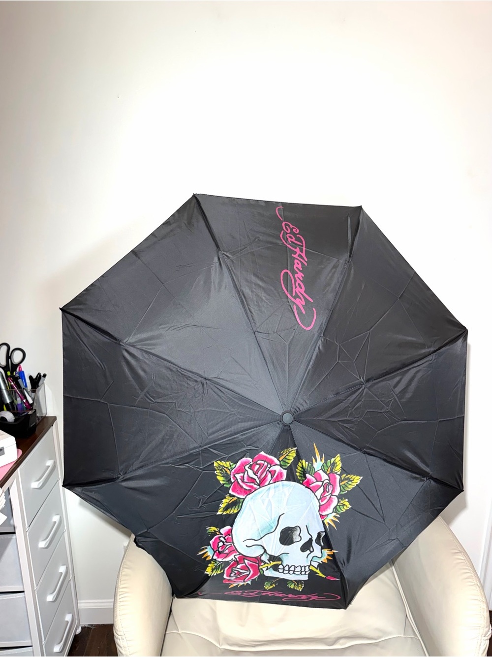 Ed Hardy Black Umbrella with Pink Logo and Skull Floral Design NWT